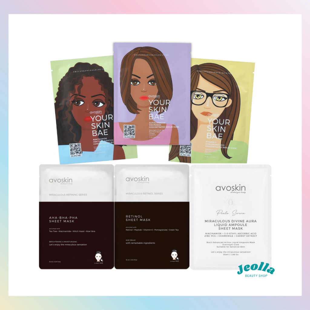 AVOSKIN Sheet Mask 17ml (Your Skin Bae Niacinamide, Alpha Arbutin, Vitamin C) (Miraculous Refining &amp; Retinol) (Miraculous Divine Aura)