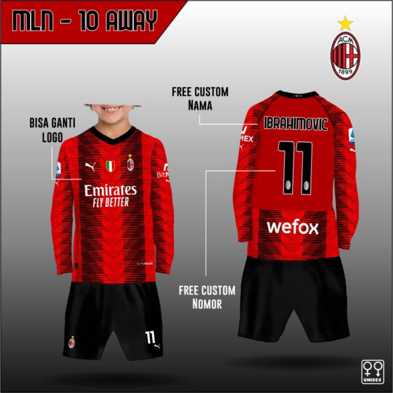 setelan Jersey tim AC MILAN set baju kaos bola anak tim AC MILAN AWAY lengan panjang