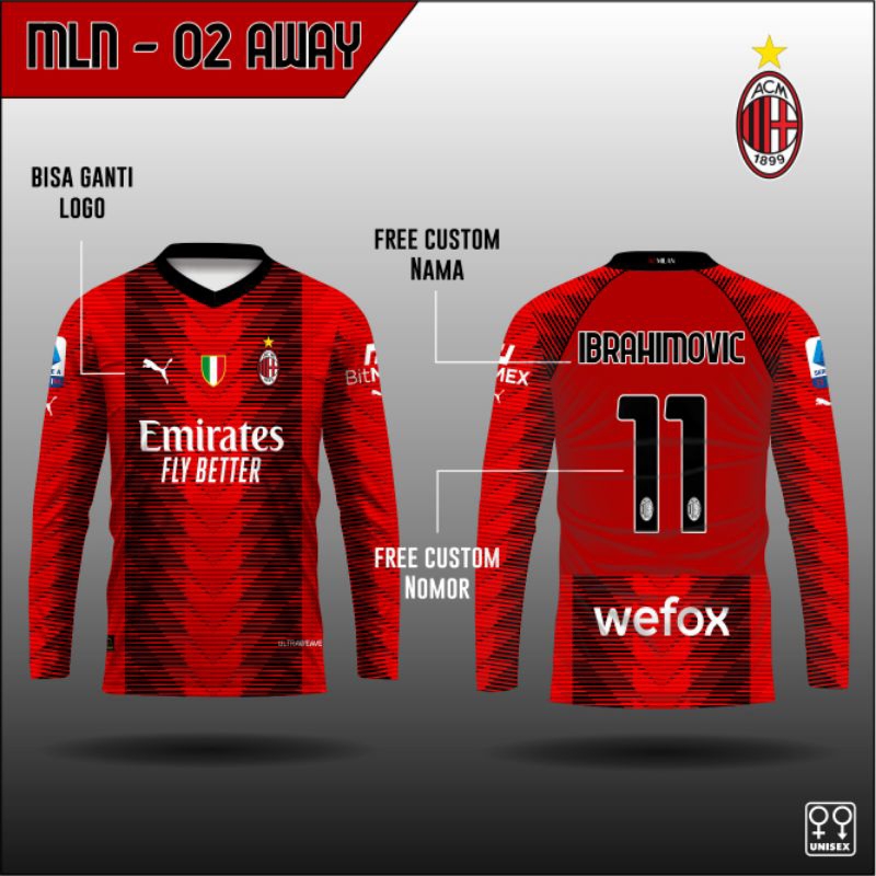 Jersey tim AC MILAN baju kaos bola tim AC MILAN AWAY lengan panjang