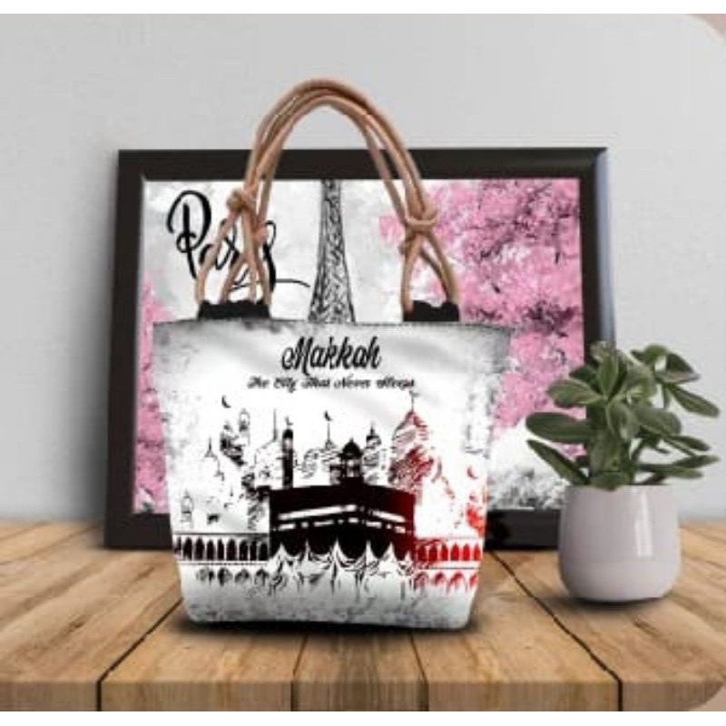 Tas Totebag Wanita Tali Sumbu Motif mekah kakbah souvenir haji terbaru
