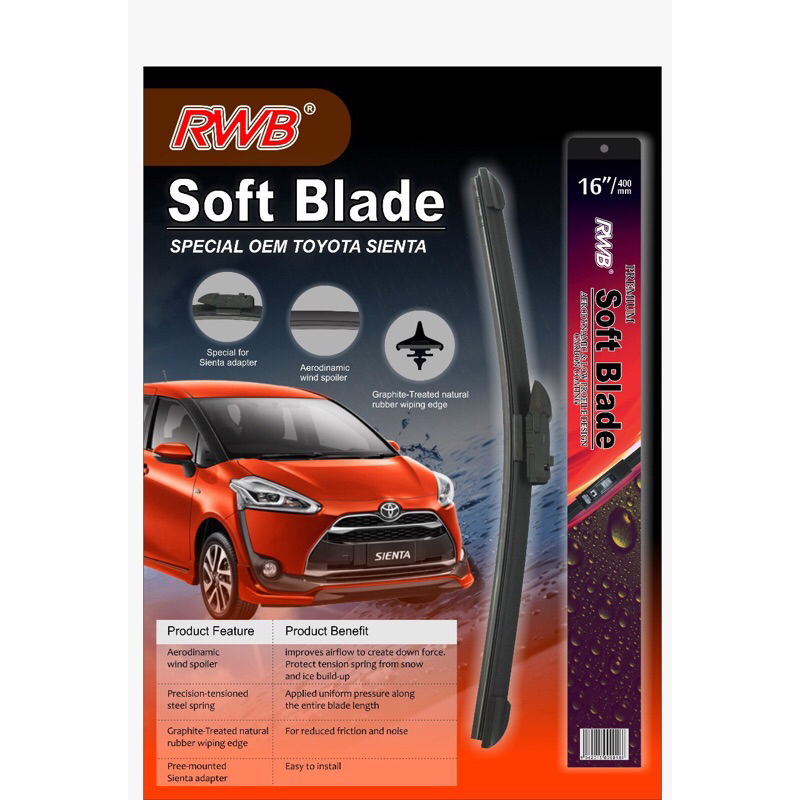 Wiper Soft Blade untuk Toyota Sienta Merk RWB 14" & 26" (Sepasang) untuk KACA DEPAN.