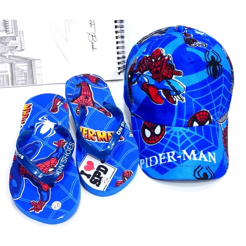 Paket Topi Anak Laki Laki Sandal Anak Cowok Motif Spiderman Biru Keren 1 - 8 tahun