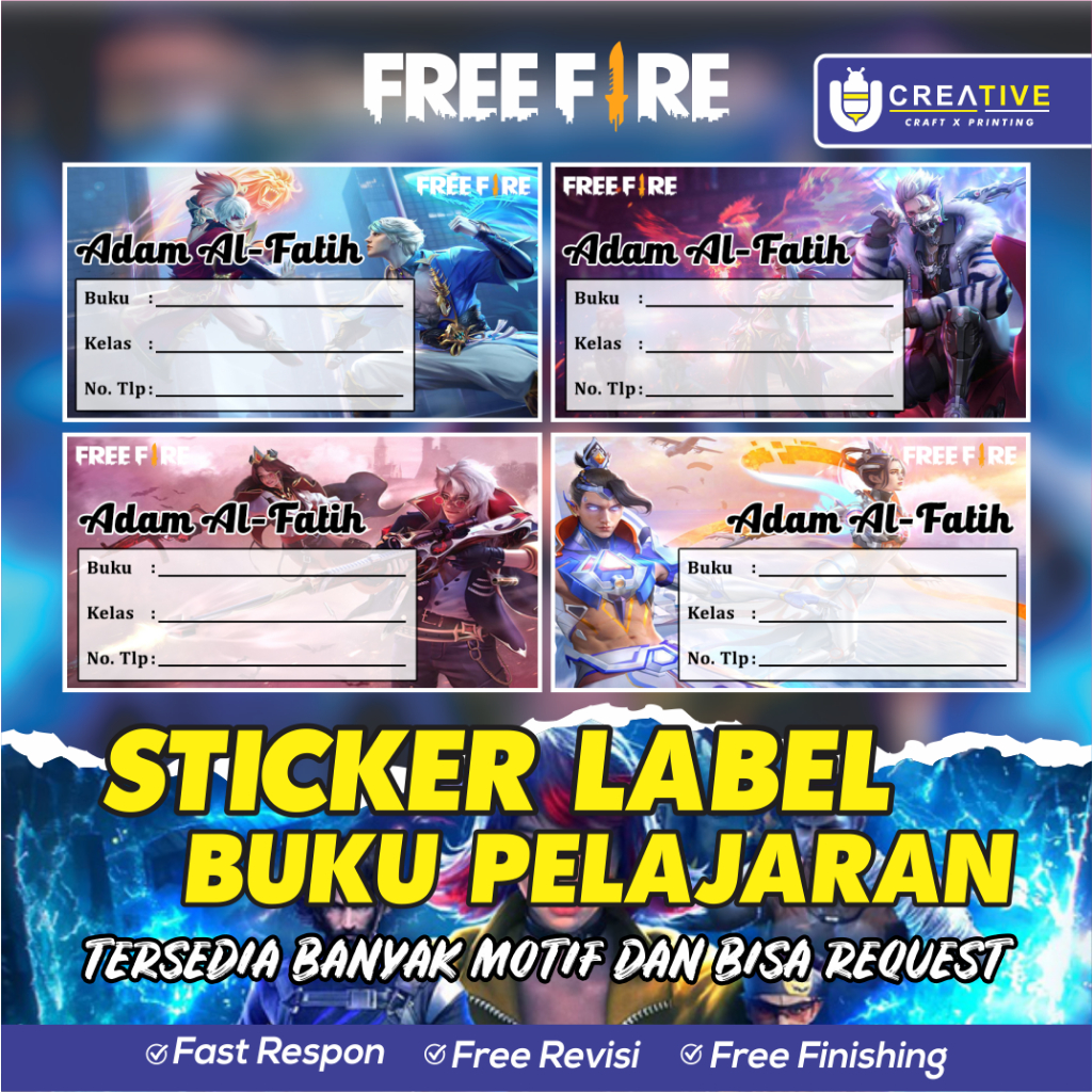 

Sticker / Label Buku Pelajaran Bisa Custom Nama (Isi 20pcs) Tema Free Fire
