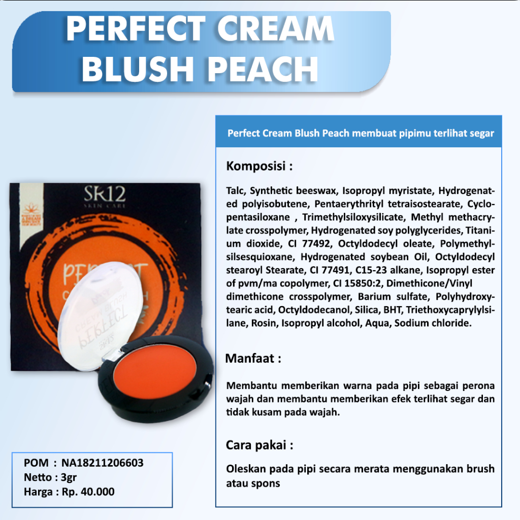 Perfect Cream Blush On SR12 Pemerah warna pink dan peach perona pipi | BlushOn membantu menutupi bekas jerawat dan noda hitam di wajah