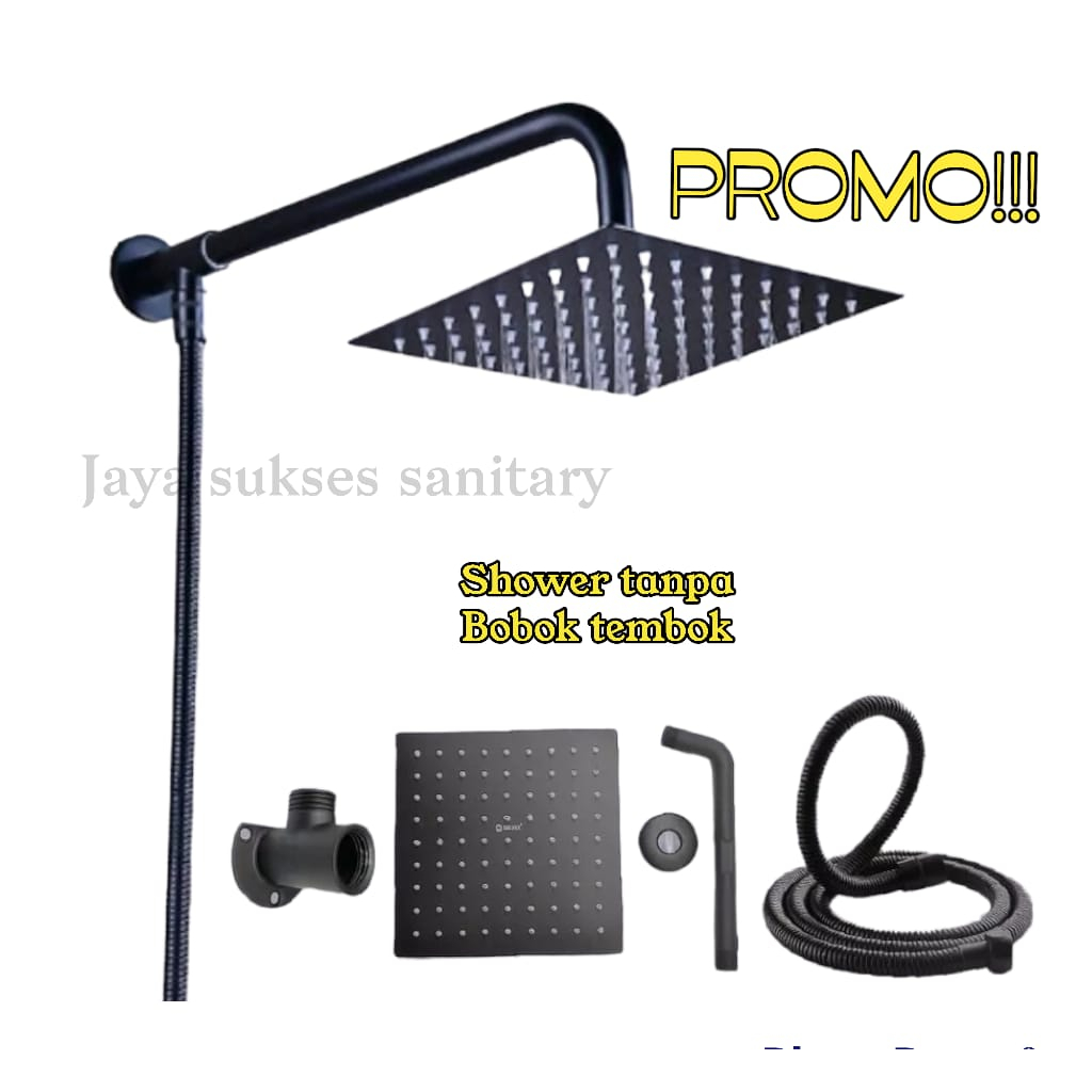 Wall Shower Rainfall 8 inch Stainless Satu Set Hitam /Shower Kencang Tanpang Pompa