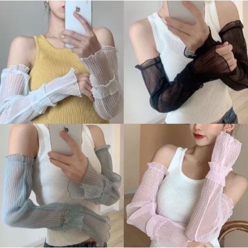 Sarung tangan transparan korean style fingerless pleated gloves