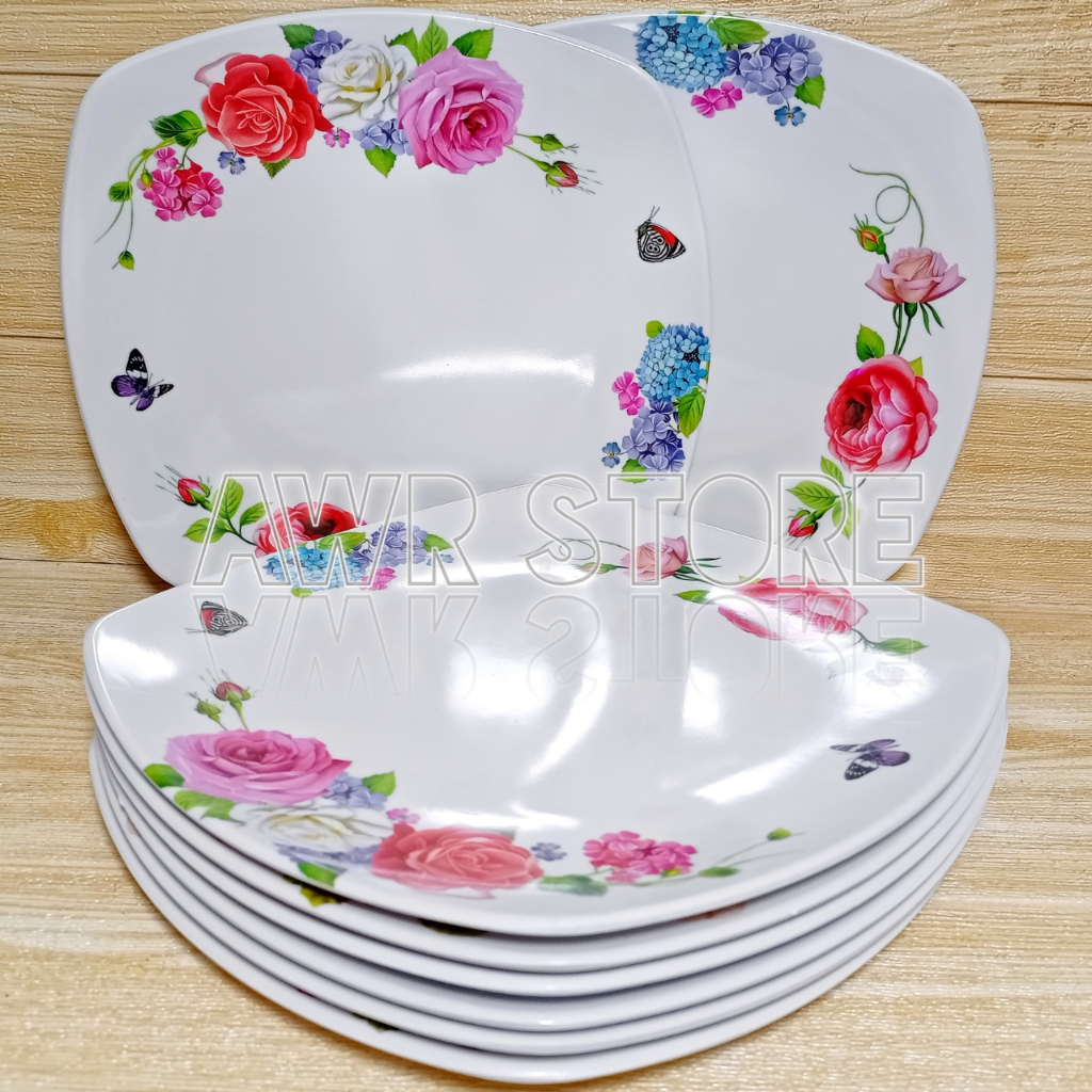 TERMURAH 1 LUSIN PIRING MAKAN MELAMIN PERSEGI CEPER 9 INCH MELAMIN MOTIF MEWAH
