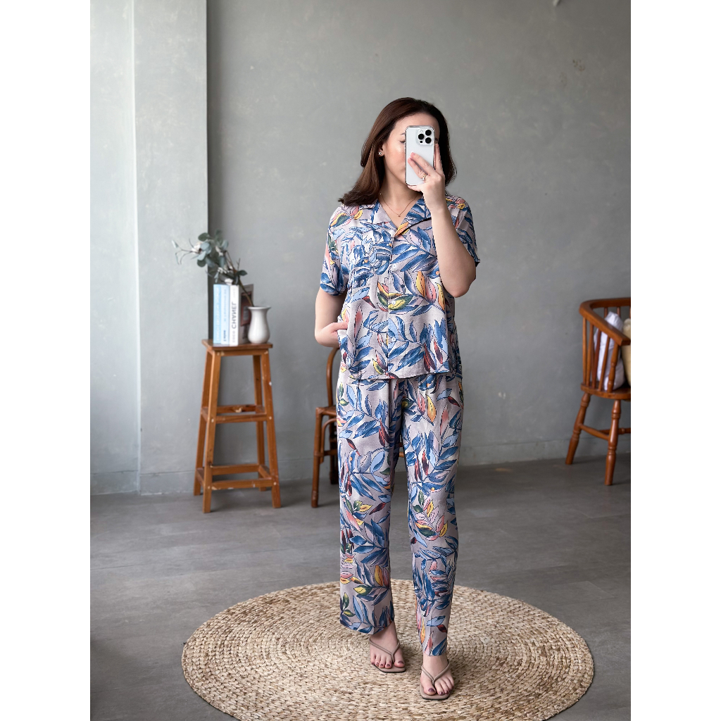 INFINITEE Setelan Rayon Lengan Pendek  Celana Pendek Panjang  Motif Terkini