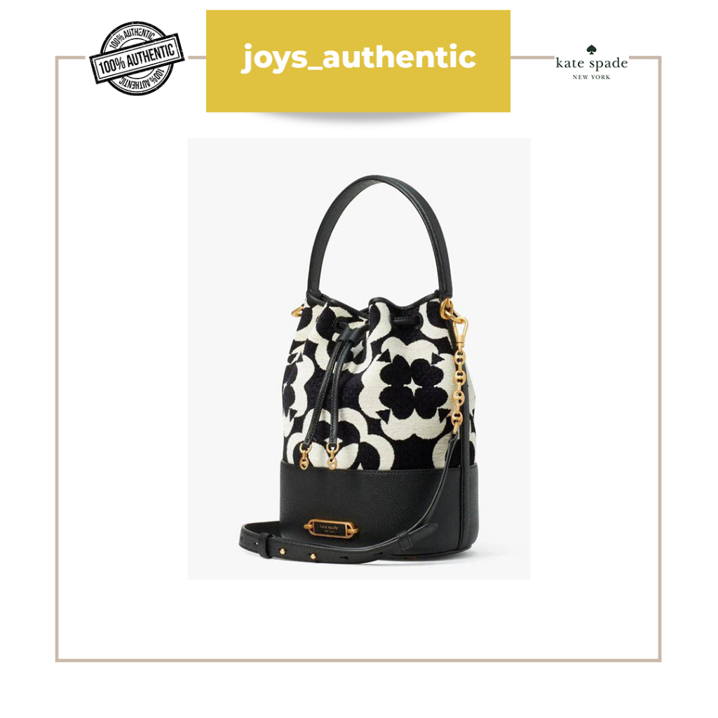 Tas wanita Kate spade Flower Monogram Gramercy Chenille Medium Bucket Bag hitam black multi woman ba