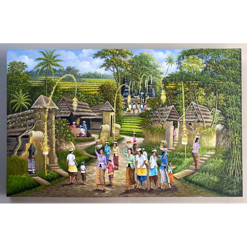 Lukisan Pemandangan Desa Bali, Lukisan Realis, Lukisan Kanvas, Hiasan Dinding, Ukuran 135 x 85 cm 10