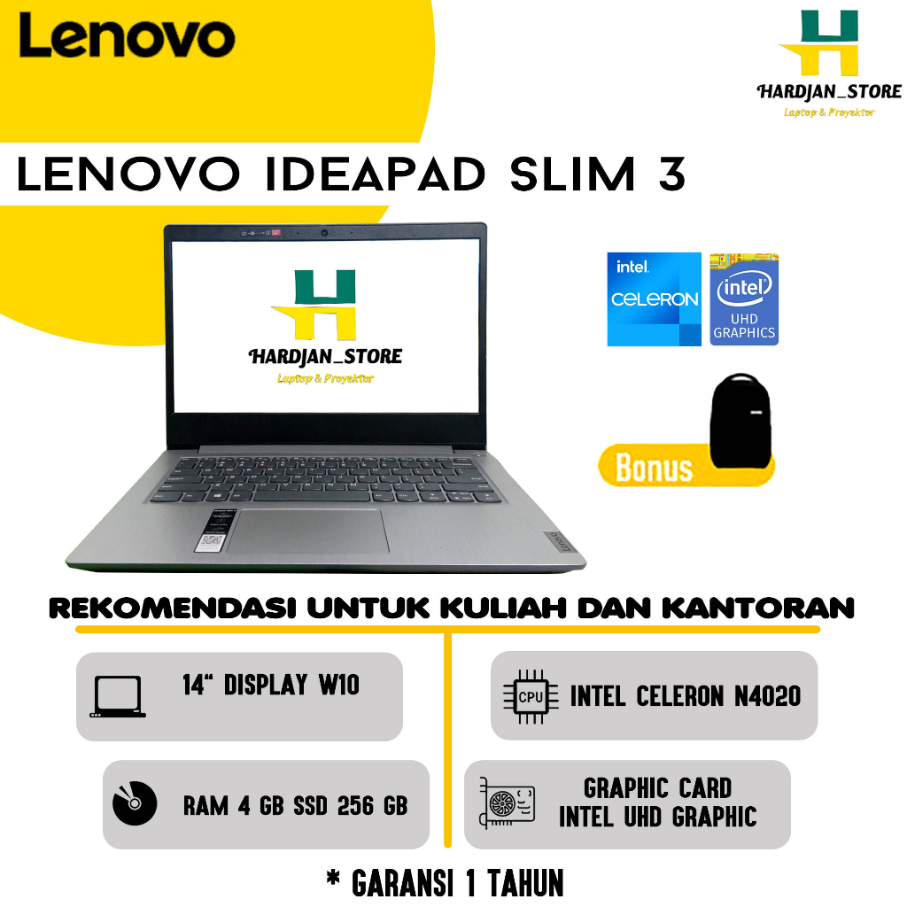 LAPTOP NEW LENOVO IDEAPAD SLIM 3, RAM 4 GB, SSD 256 GB, GARANSI