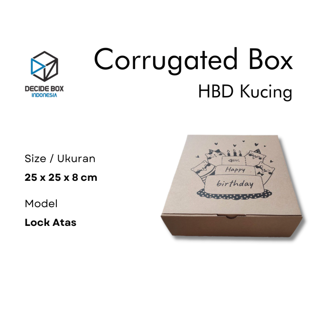 

Decide Box Indonesia - Kardus / Corrugated Box Lock Atas Model Happy Birthday Kucing / Kotak Kado Hampers Ulang Tahun atau Happy Birthday Kucing Model Lock Atas.