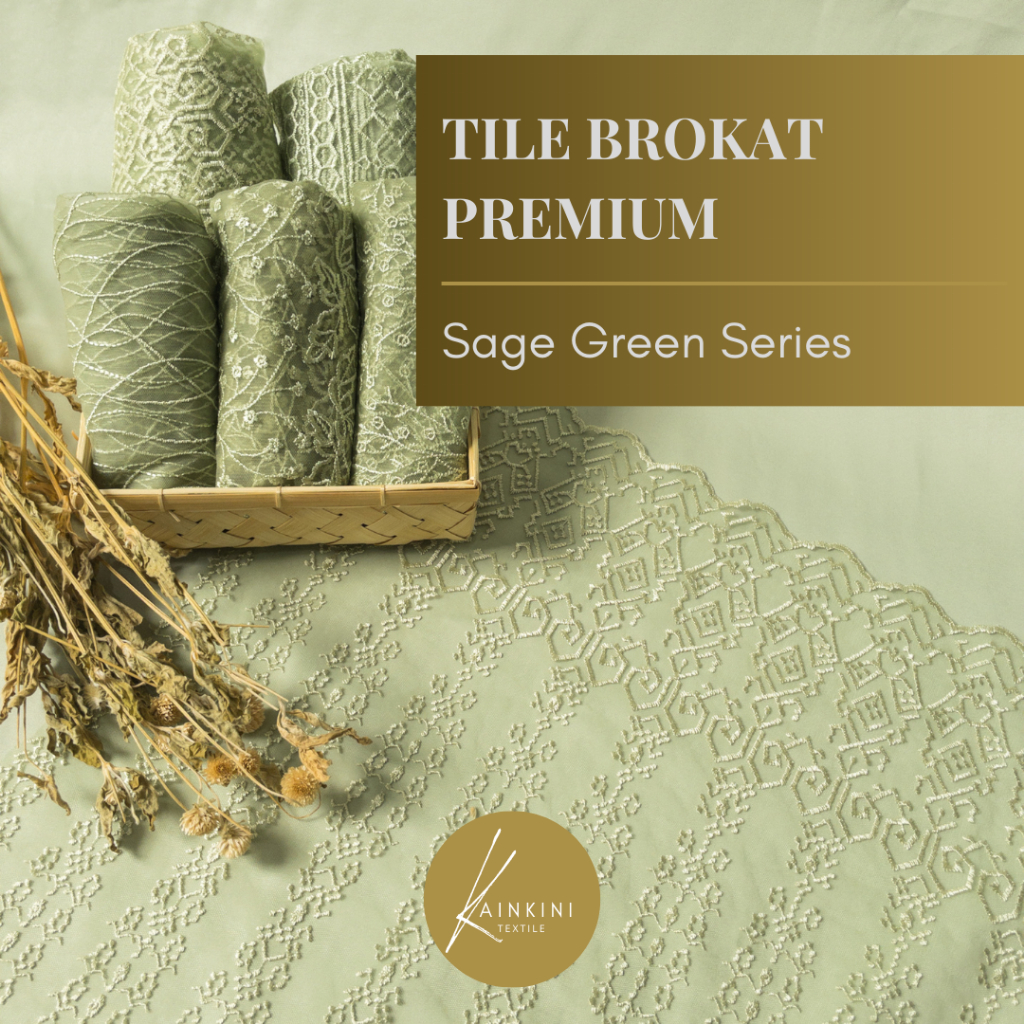 Kain Brokat Bahan Kebaya / Tile Brukat Perancis ( meter) by Kainkini - Hijau Sage Green Motif Akar /