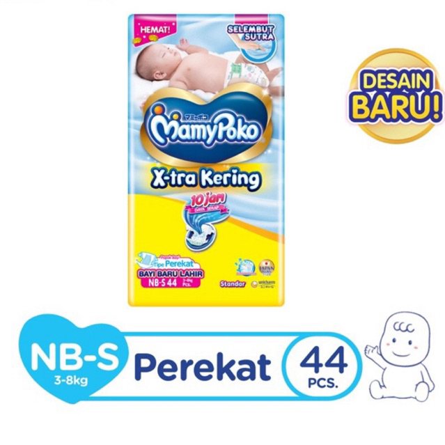 MamyPoko X-tra Kering NB-S 44 - Popok Perekat Pampers Mamy Poko Ekstra Kering Pempers Bayi Baru Lahi