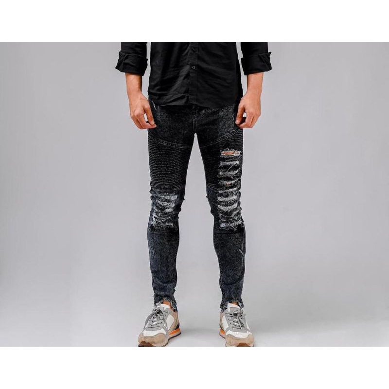 Celana Jeans Bikers Ripped Hitam Slim - Fitting Bikers Riders Ripped - Celana Jeans Pria Sobek Lutut