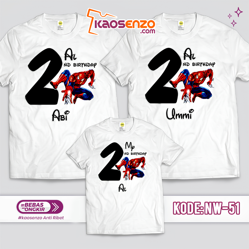 Harga Paket Lebih Hemat | Baju Kaos Keluarga | Kaos Ultah | Kaos Couple | Motif Spiderman NW 51 | Gr