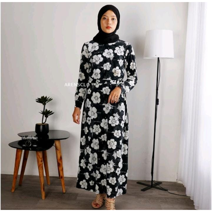 FASHELLA STORE - Dress Wanita Motif Bunga | Flower Maxi Dress | Dress Vintage Jersey