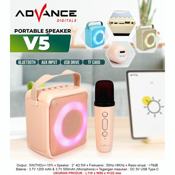 100%Advance V5 Bluetooth Speaker Mini 2 Inch Aktif Portable Karaoke Extra Bass Gratis 1 Microphone Garansi 1 Tahun