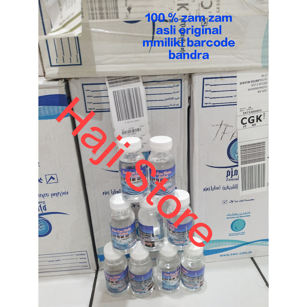 

Zam zam 100 % asli original kemasan 80 ml di kemas dari zam zam 1 galon 5 liter barcode bandara