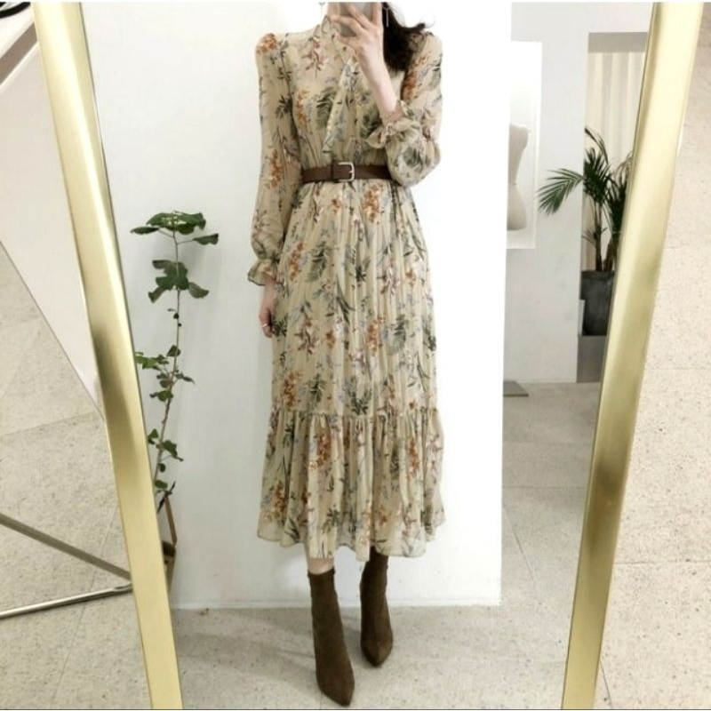 12630 Sale murah pakaian baju midi dres dress gaya korea lengan pinggang karet bahan import premium 