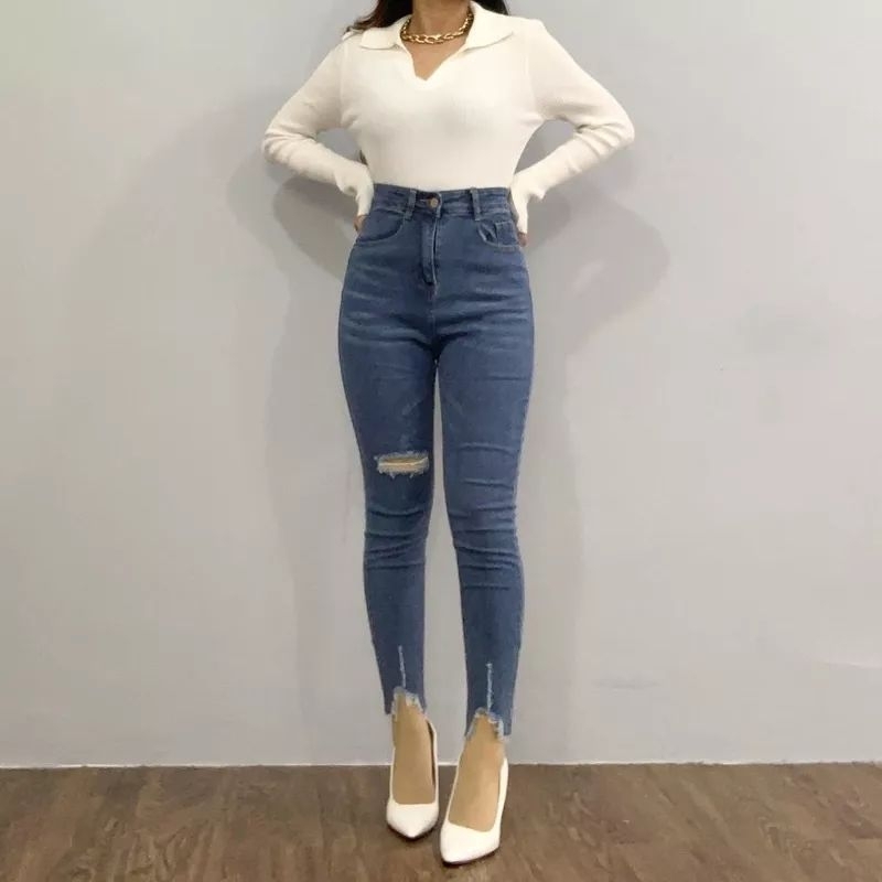 Luxe Dlabel E17 Celana Jeans Highwaist Wanita Celana Jeans Korea Celana Jeans Import Celana Panjang 