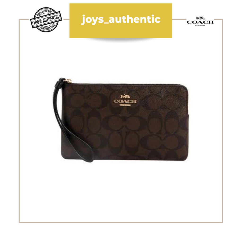 Dompet wanita COACH C5576 Double Zip Wallet In Signature BROWNBLACK Mahogany woman wallet authentic 