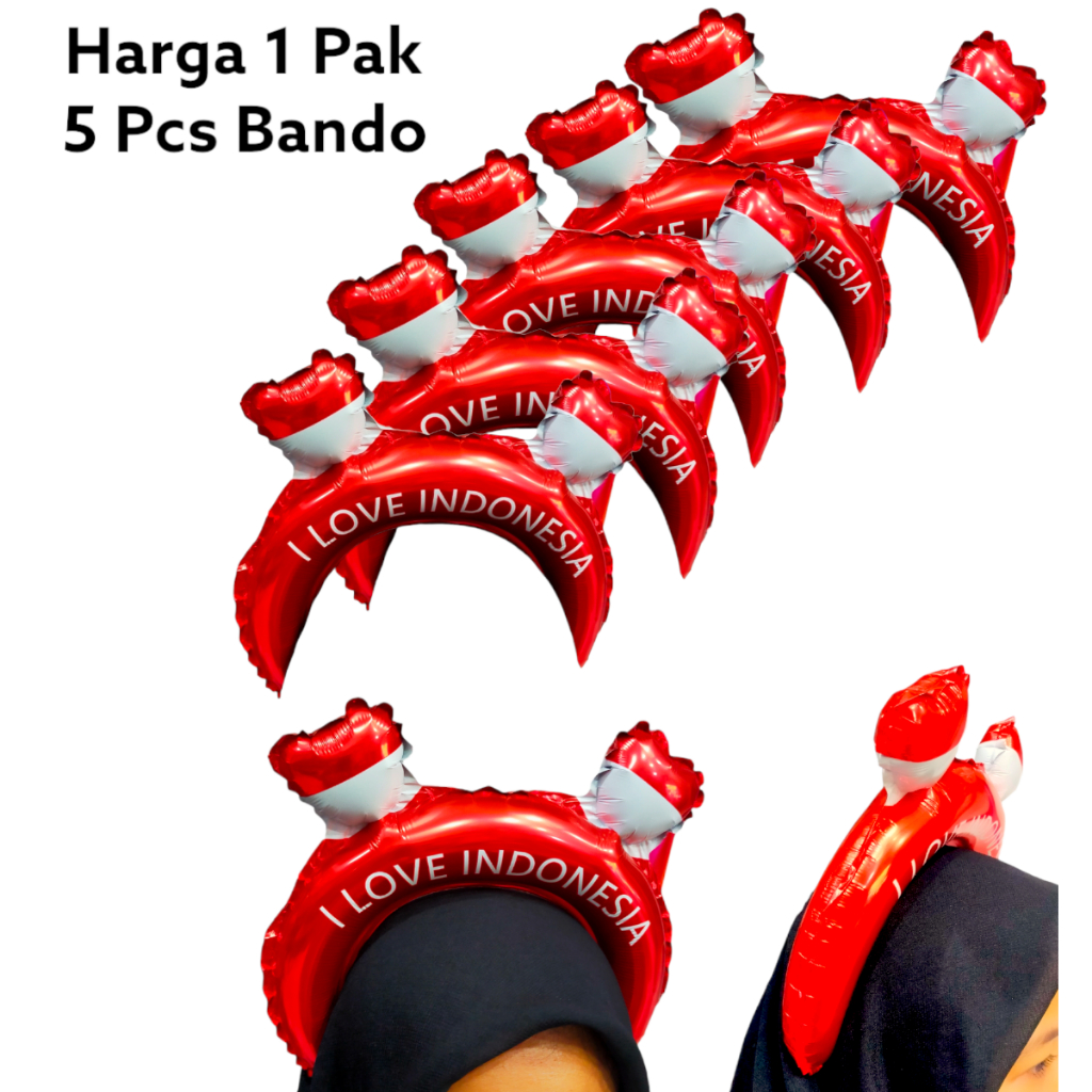 5 PCS Bando Ikat Kepala Merah Putih Bandana Balon Foil Hiasan Aksesoris Lomba Perayaan 17an Agustusan I LOVE INDONESIA
