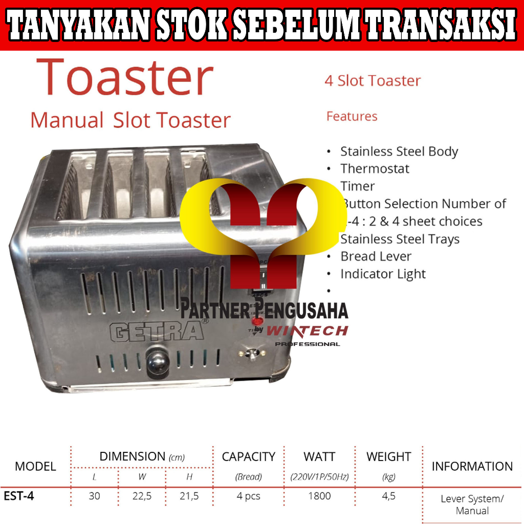 GETRA EST4 - EST 4 - TOASTER - PEMANGGANG ROTI 4 SLOT - MANUAL SLOT