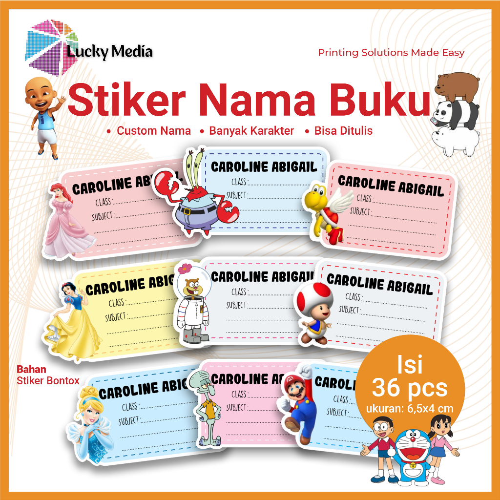 Sticker Mata Pelajaran Nama Buku Custom Isi 36pcs / Stiker Anak Sekolah Karakter Label Mapel SD