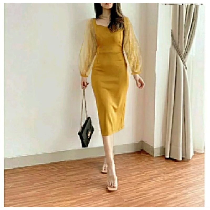 Dress scuba Karenina lengan tile polkadot