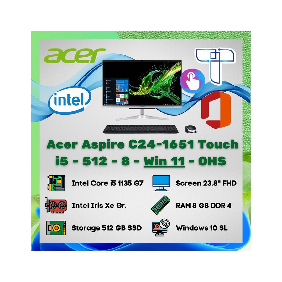 Acer Aspire C24 1651 AIO - i5 - 512 - 8 - Win 11 - OHS - VGA -Touch