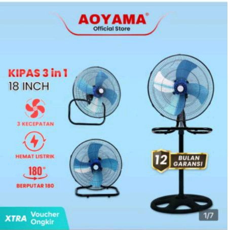 Kipas Angin 3 in 1 Aoyama | Kipas Angin 18 inchi | Kipas Angin Tornado | Kipas Besi