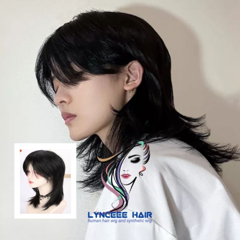 Wig Pria Korea Mullet Panjang Rambut Palsu Cowok Gondrong Kuncir Warna Hitam Berkualitas