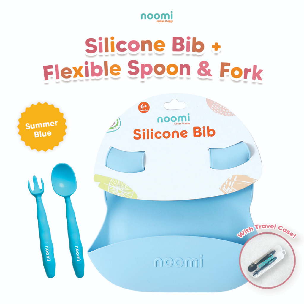 NOOMI Set Sendok Garpu Makan dan Celemek Silikon Anak Noomi - Silicone Bib + Flexible Spoon &amp; Fork