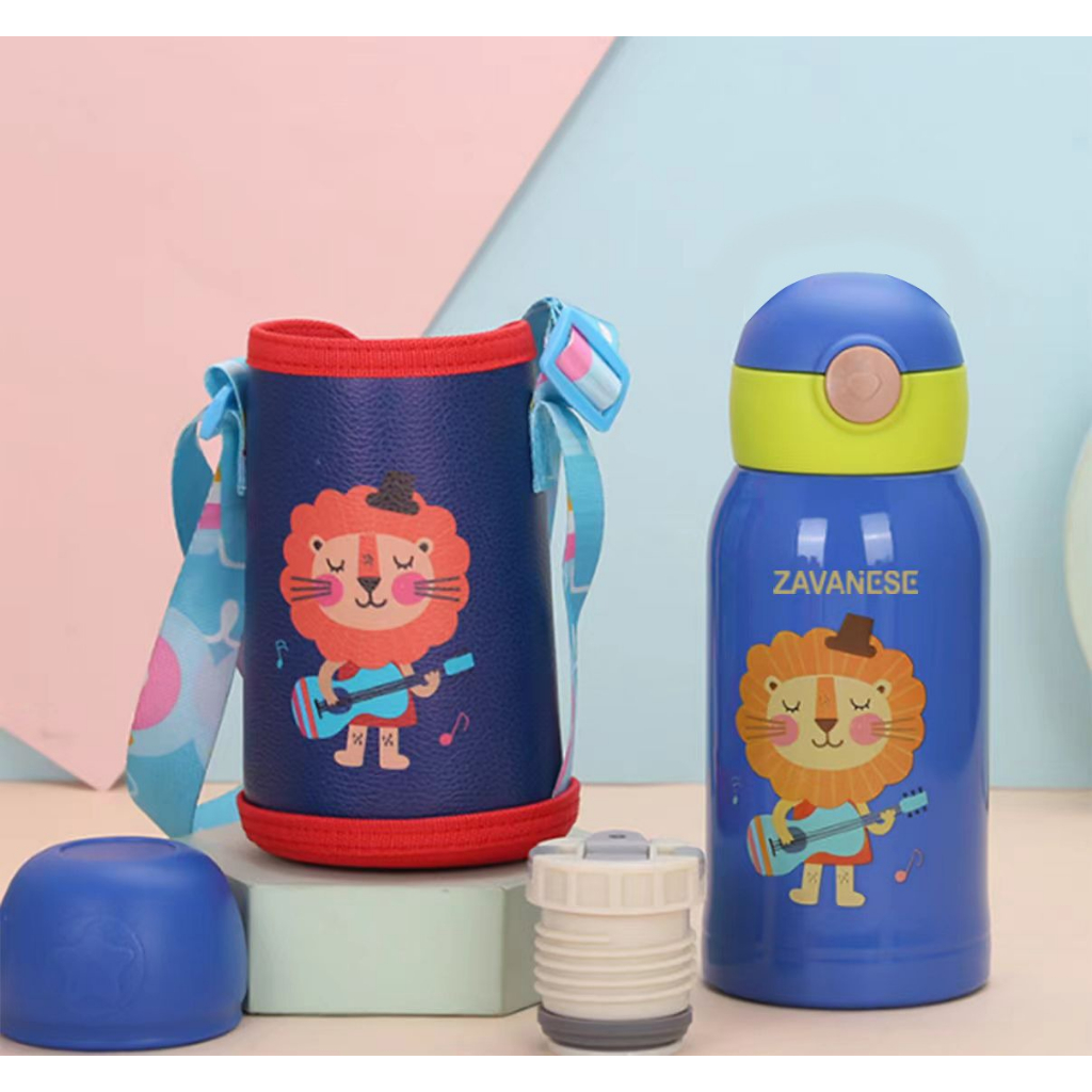 *COD* Botol Minum Bayi Zavanese 2in1& 3in 1 Dot dan Sedotan 240 & 300 ml Training Cup Karakter BPA Free-TERMOS 2IN1 BIRU