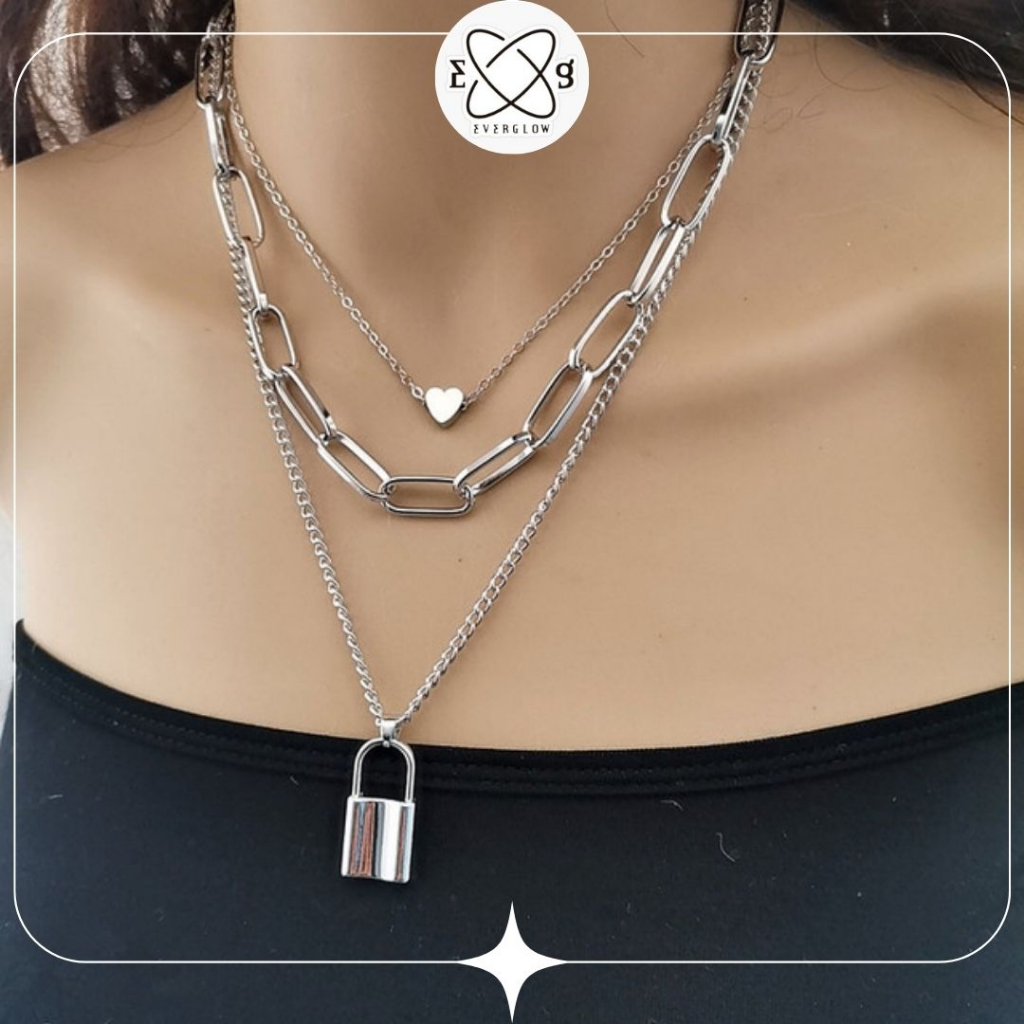 Kalung Rantai 3 Layer Liontin Heart Lock Silver Retro Aksesoris Wanita