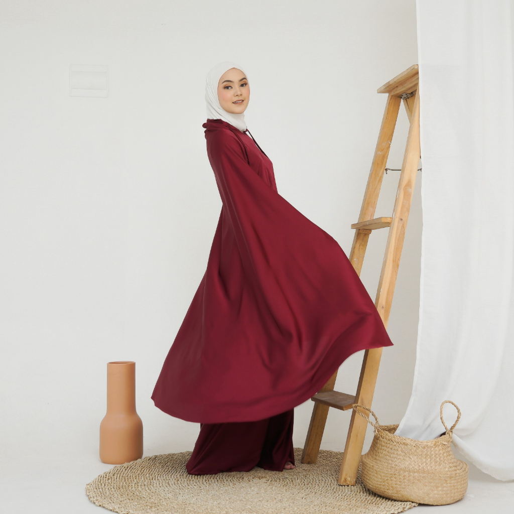 Mukena Travel Dewasa 2 in 1 | Mukena Maryam Series Crinkle Silk Premium (Cradenza) - MAROON