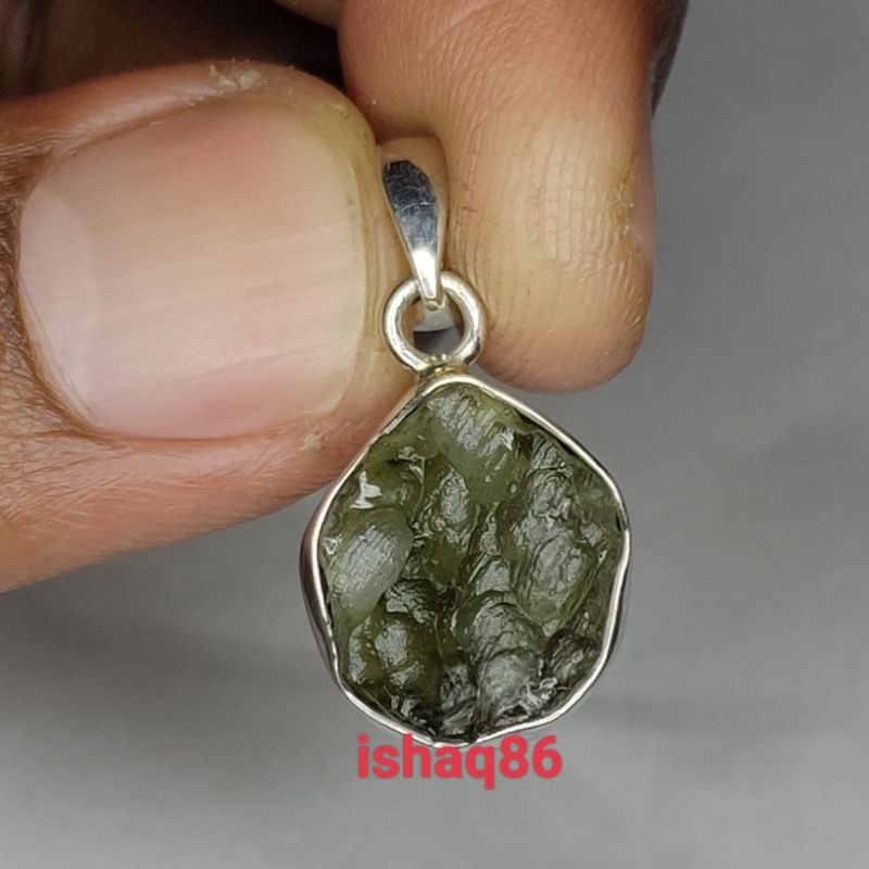 LIONTIN PERAK 925 NATURAL MOLDAVITE TEKTITE ASLI METEOR CZECH