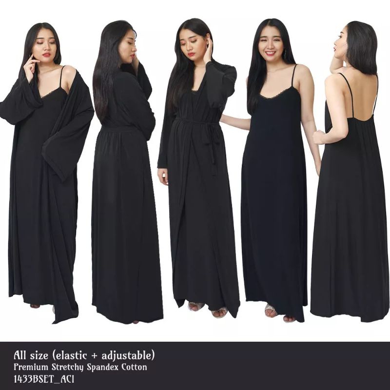 Kimono wanita sexy baju tidur set inner tanktop outer panjang spandek melar stretch hitam bisa bigsi