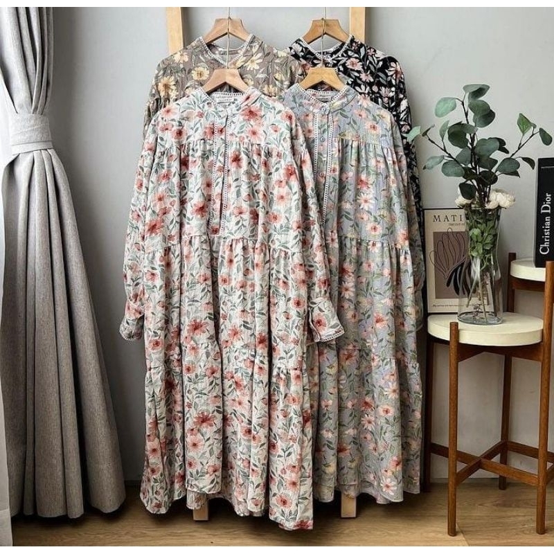 Tunik wanita muslimah - Baju atasan wanita model casual - Tunik motif bunga-bunga gaya vintage untuk