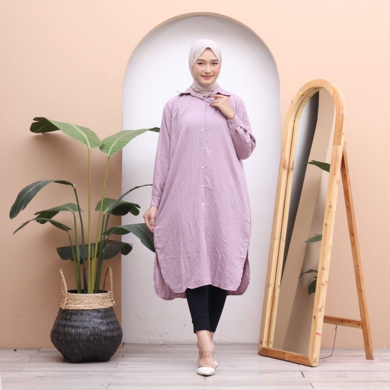 LONG TUNIK MIDI RAYON CRINKLE MICRO KATUN POLOS JUMBO BIGSIZE KANCING DEPAN MURAH SAGE
