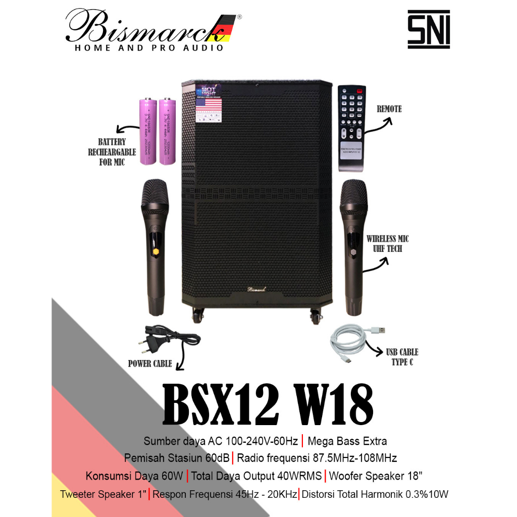 SPEAKER PORTABLE MEETING BISMARCK BSX12 W18 BLUETHOOTH 18 INCH
