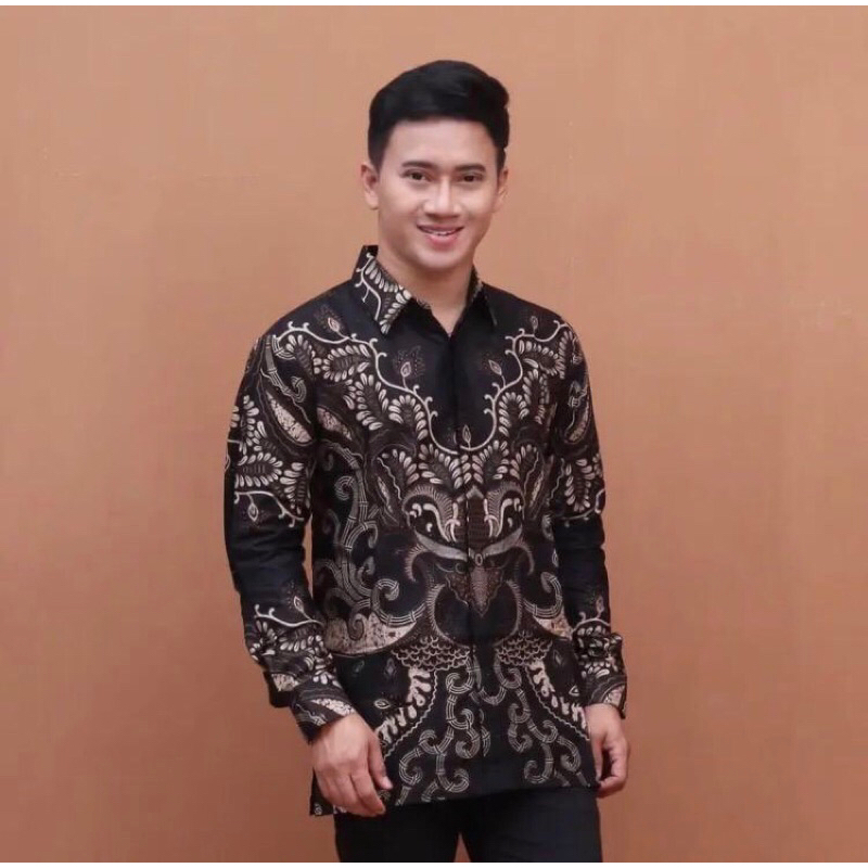 Baju Kemeja Batik Pria SlimFit Lengan Panjang Anak Muda Formal Kondangan Hitam Kombinasi Cokelat