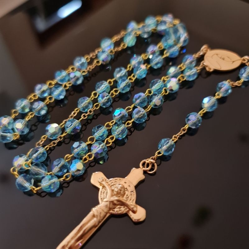 ROSARIO KRISTAL SWAROVSKI PRECIOSA AQUAMARINE 6MM