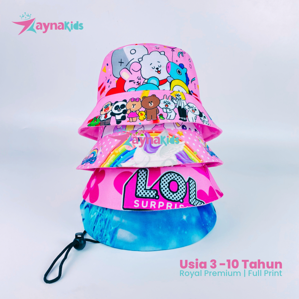 Topi bucket hat tali anak perempuan cewek karakter bts lol prozen unicorn model wide buket korea bah