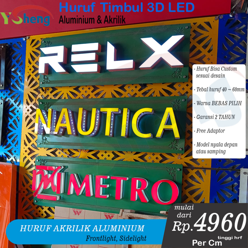 Huruf Timbul 3D Non Led / Led menyala - Aluminium + Akrilik - Led Frontlight / Sidelight - Huruf Akr