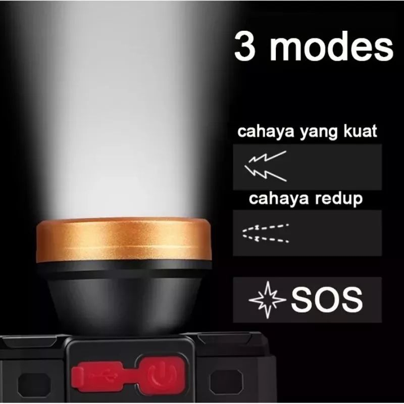 Senter Kepala Head Lamp Cahaya Putih / Senter Kepala 1 Mata USB Rechargeable Nyala Putih