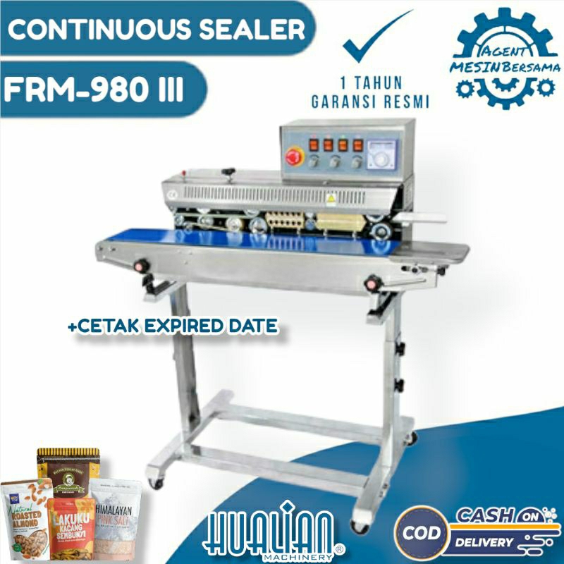 Mesin Continuous Band Sealer FRM-980 I Mesin Segel Plastik Kemasan Produk & Cetak Expired Date Huali