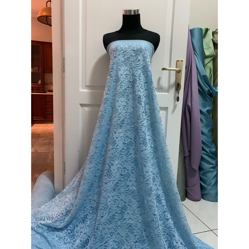 Kain Brokat Renda Lace Katun Cordneli Cordnelly Motif Bunga Warna Ice Blue / Biru Langit