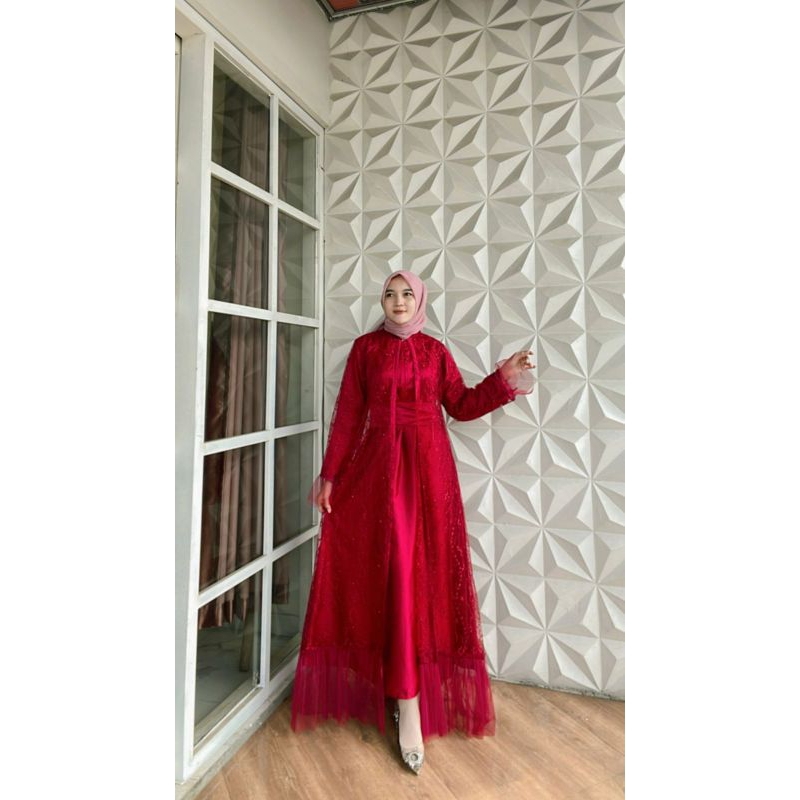 new camelia dress/gamis kondangan wanita/gamis inner maxmara brukat premium/resliting depan busu mot